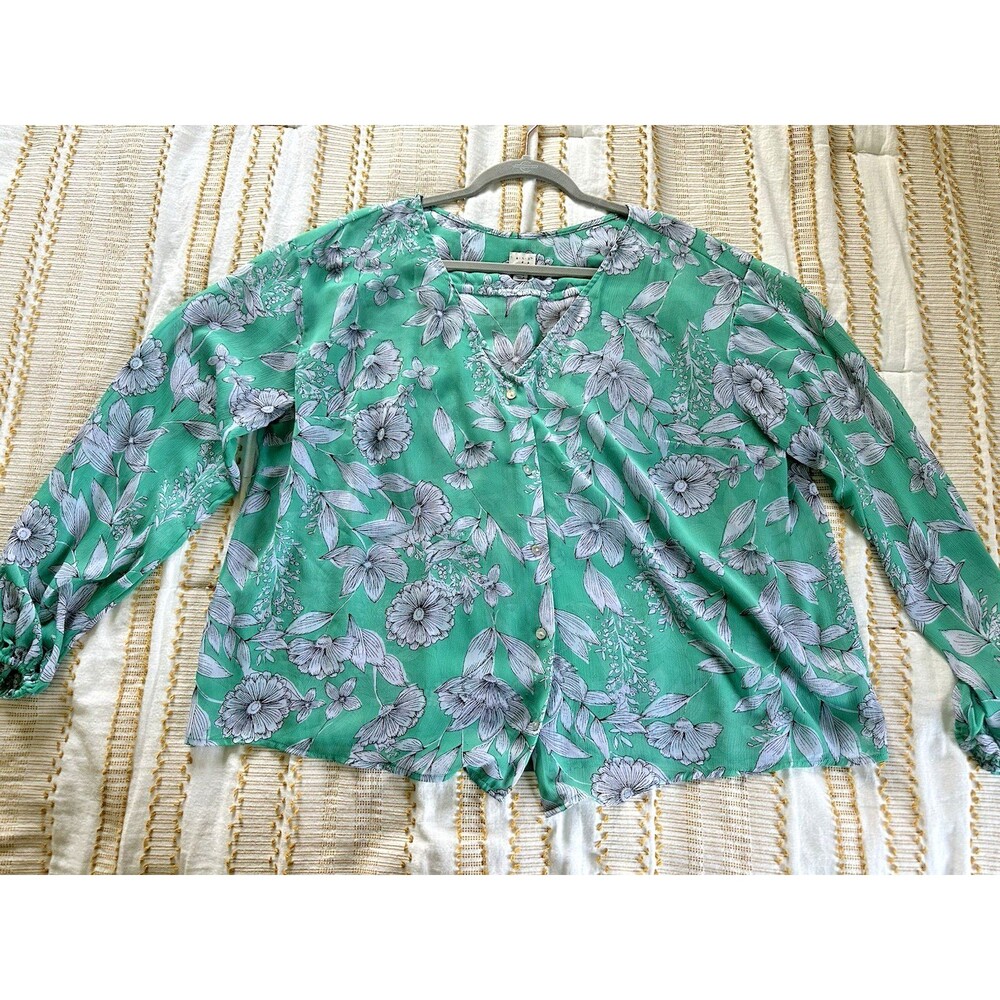 A New Day Women’s Green Floral Sheer Button-Up Long Sleeve Blouse Size XXL